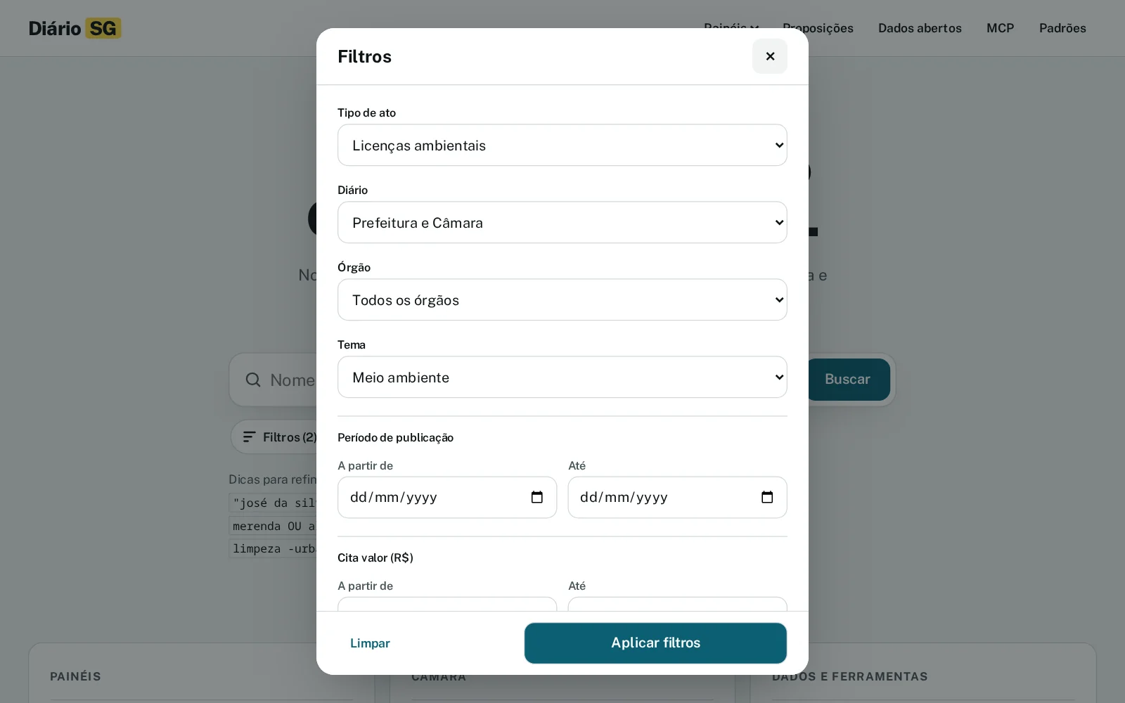 Diário SG: search filters in a dialog