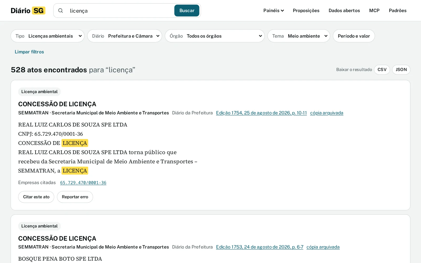 Diário SG: environmental licence search with filters