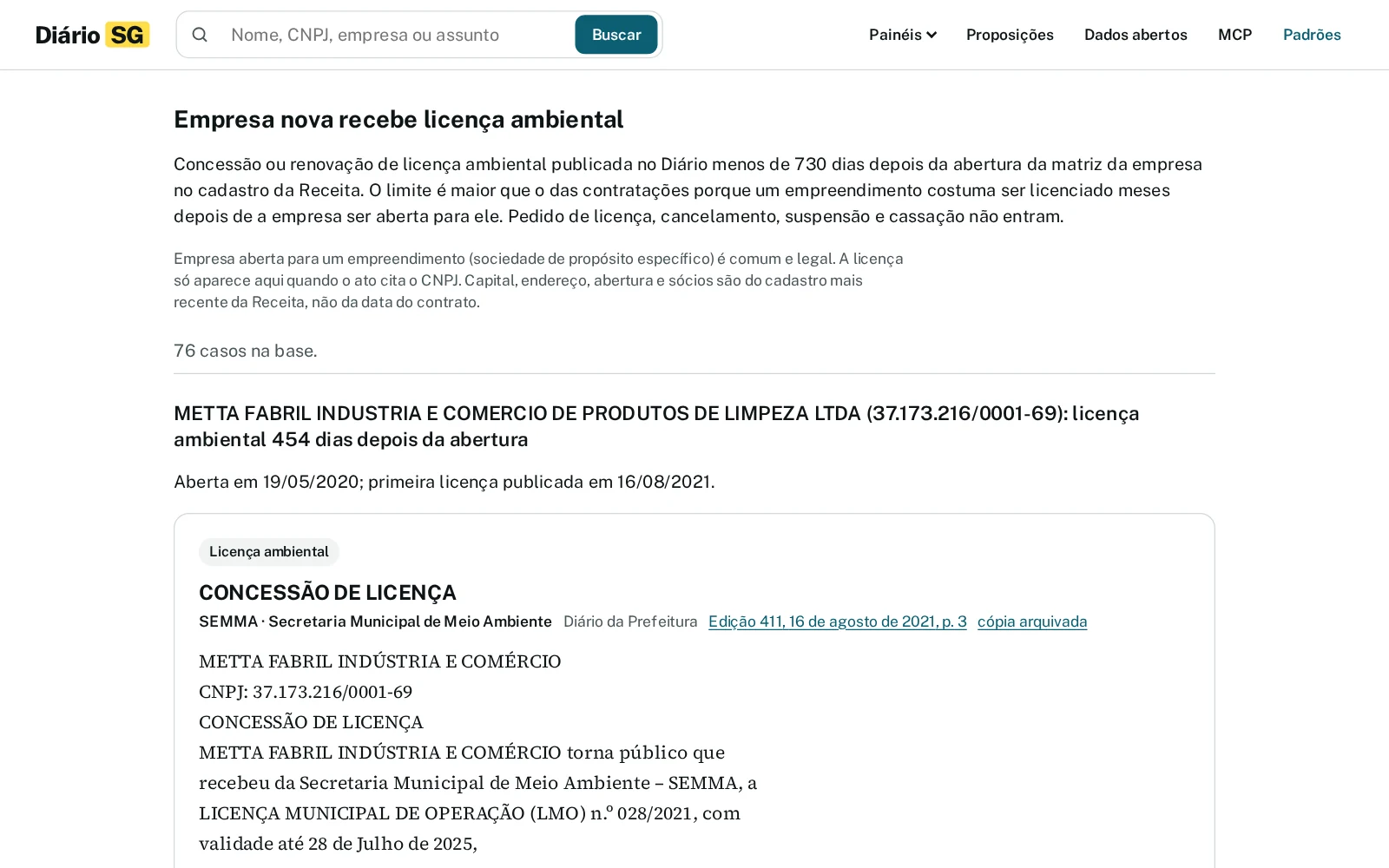 Diário SG: pattern: newly opened company gets an environmental licence