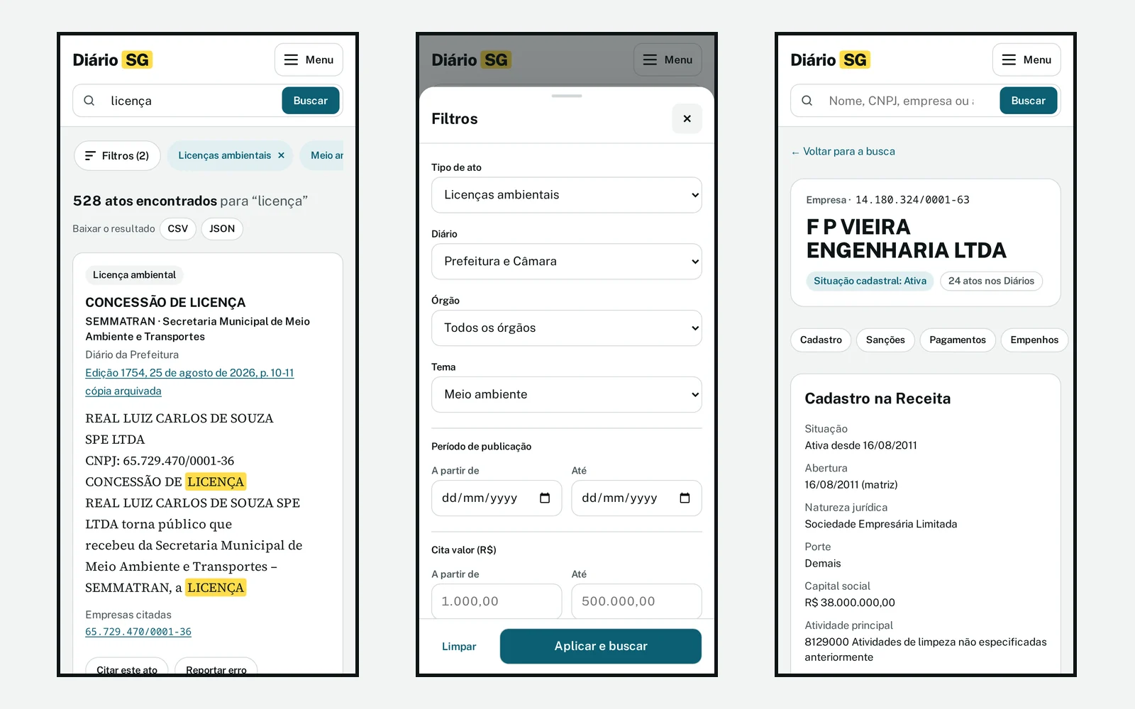 Diário SG: search, filters and company page on mobile